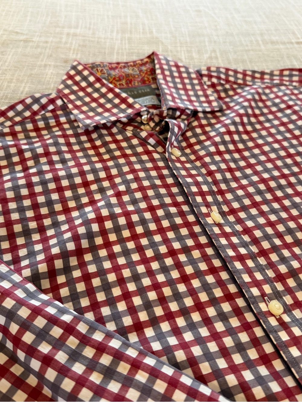 Thomas Dean Shirt Mens Large Red Gingham Check Button Front Long Sleeve - Picture 3 of 10